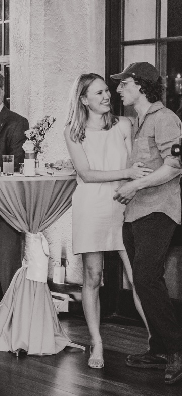 Blake and Josh dancing, black and white